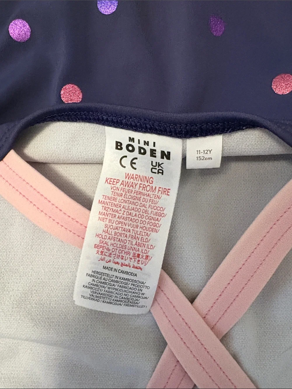 Mini Boden Navy One-Piece Swimsuit with Pink Straps and Multicolor Dots